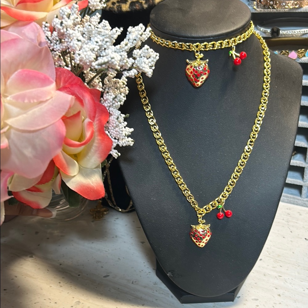 Gold and Red Heart Pendant Necklace and Choker Set